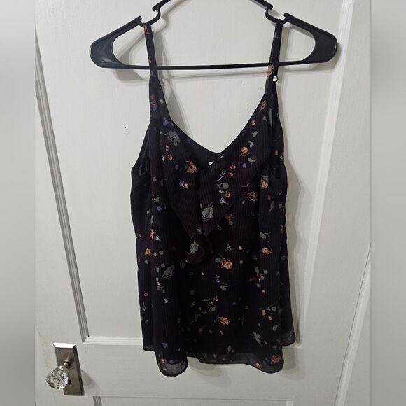 CAbi navy blue floral pinstripe ruffle blouse tank size medium - Picture 5 of 6